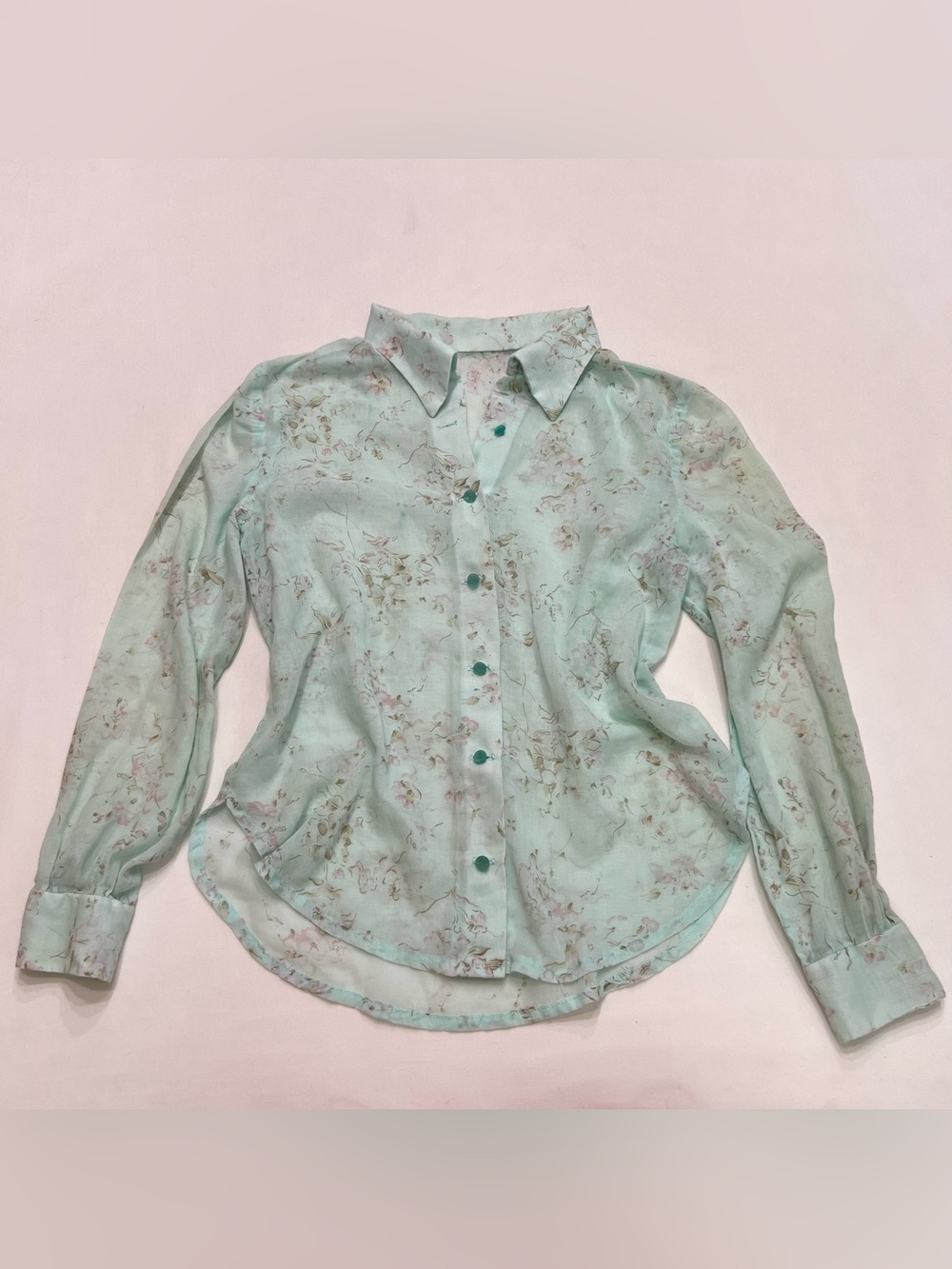 Vintage 1970s Sheer Long Sleeve Button Down Blouse Mint Green Floral Print Sz S